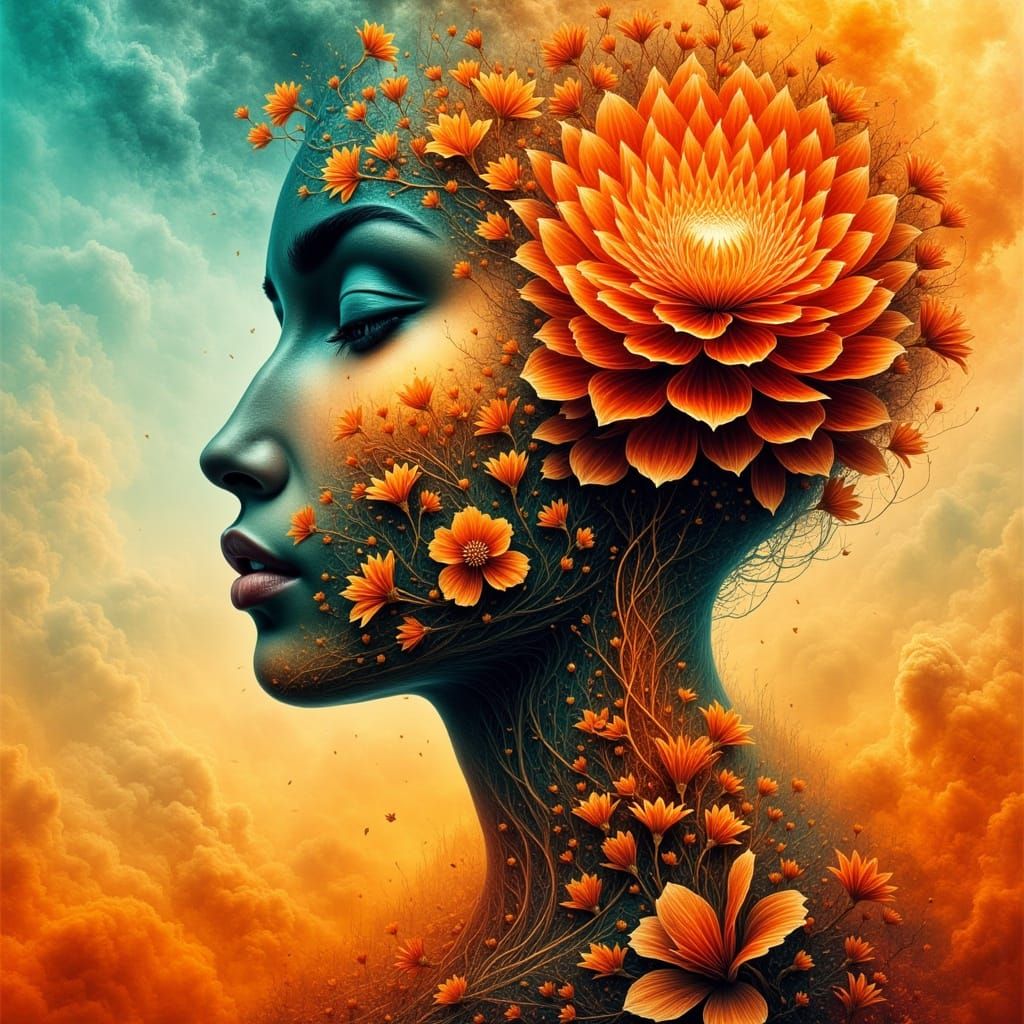 Ethereal Bloom: Woman's Face Transformed into Floral Form