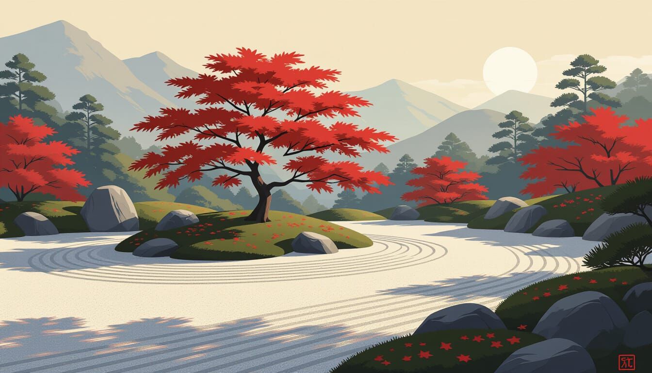 Zen Garden with Red Maple Tree in Japanese Art Style