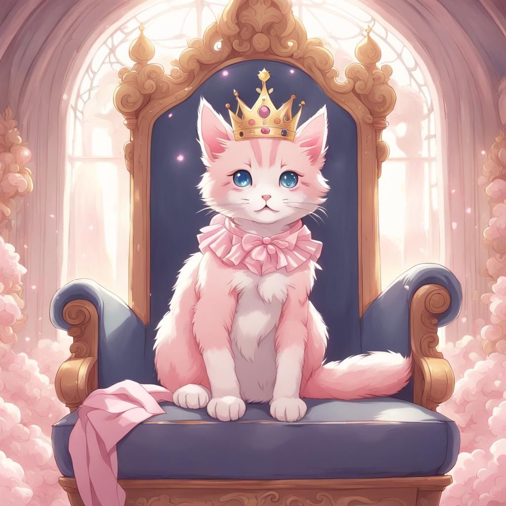 Pastel Kitten on Throne in Anime Style