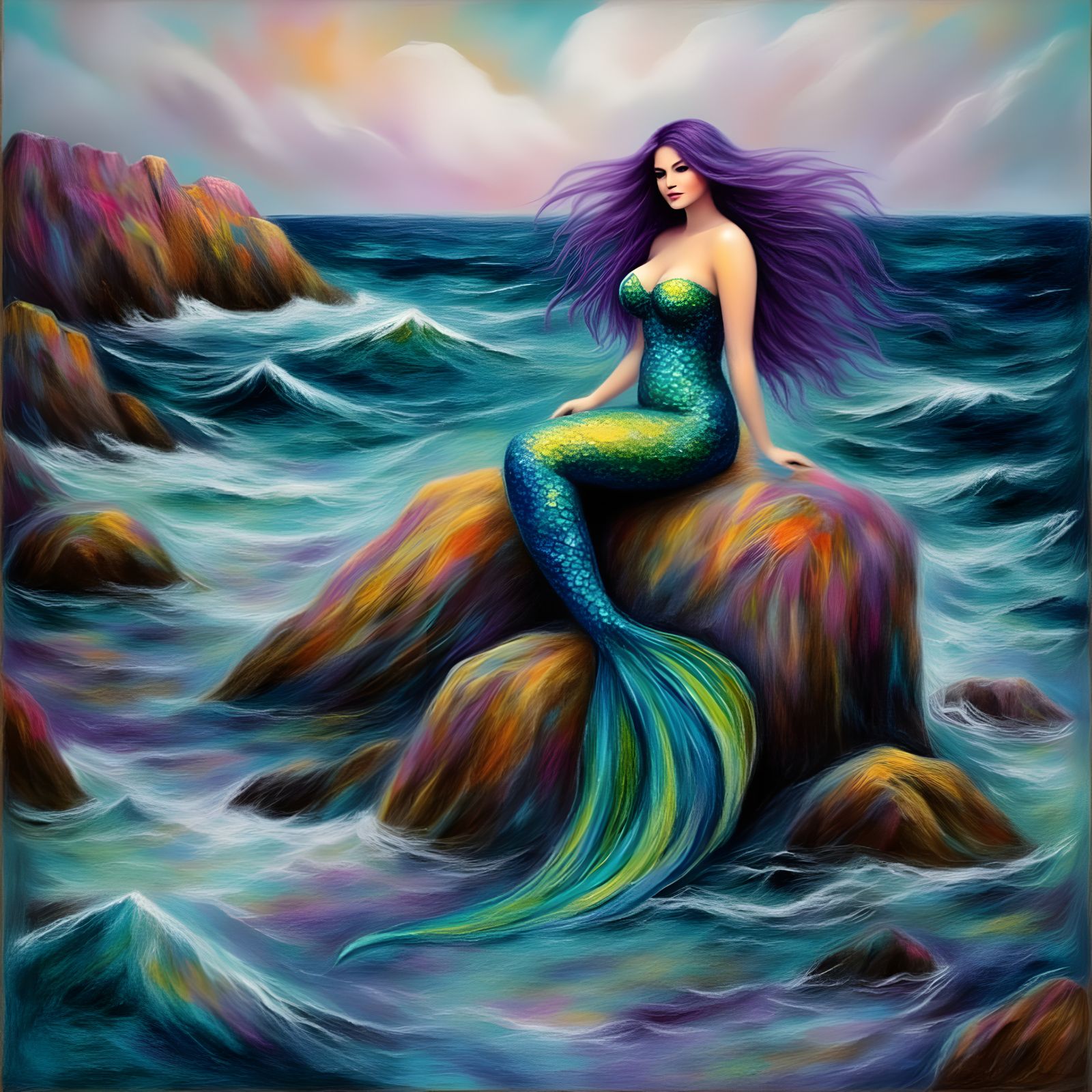 Mystical Mermaid in Celtic Ruins Neon Chalk Art