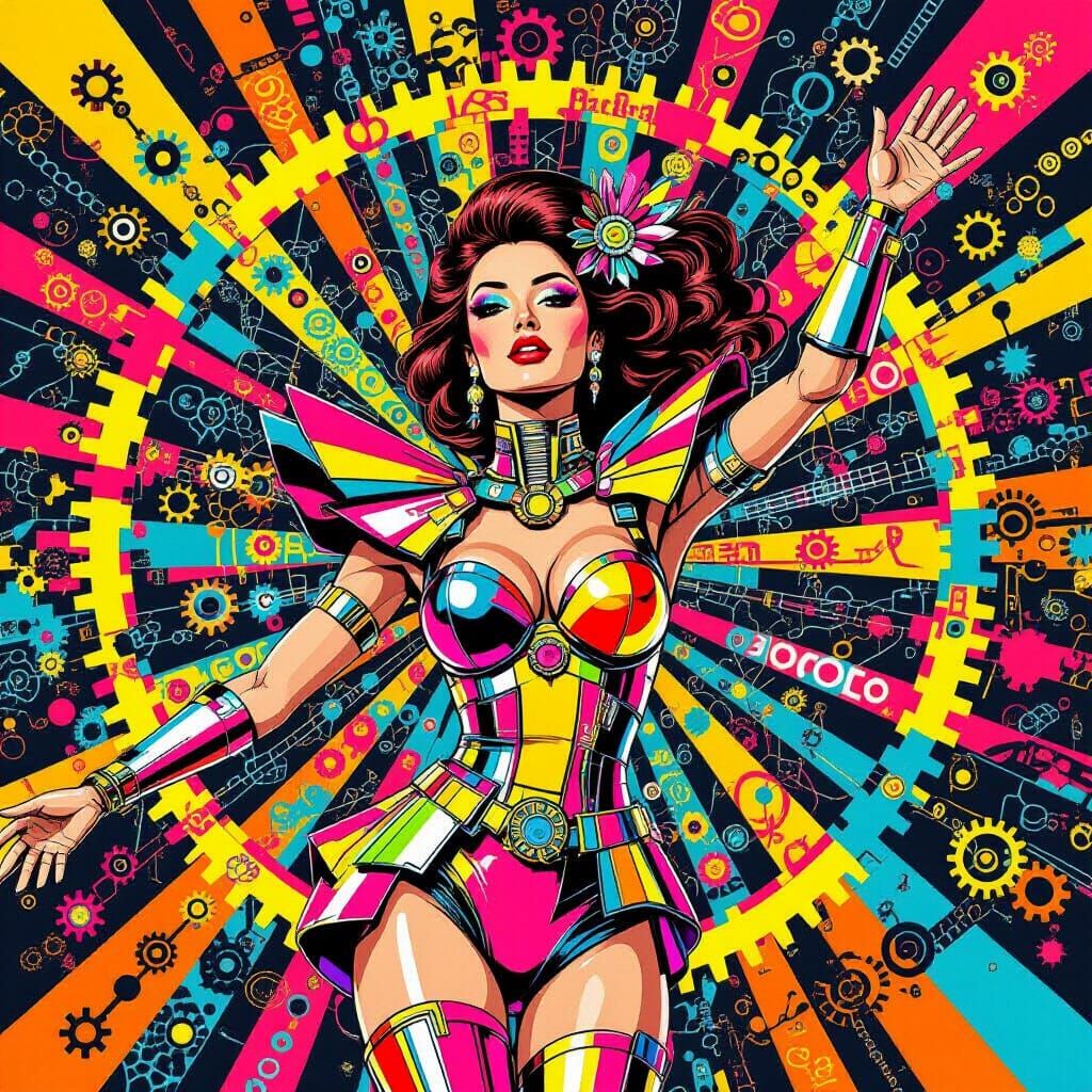 Biomechanical Woman Unfurling Petals in Pop-Art Style