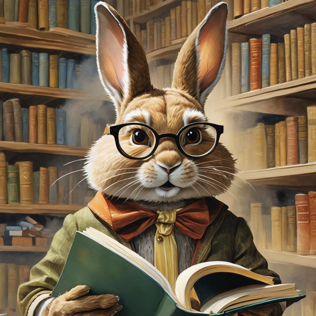 Rabbit Reads in Surreal Library: Gouache Illustration