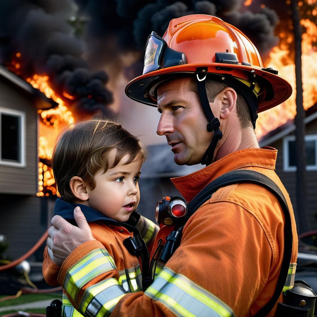 Firefighter Rescuing Child From Burning Building