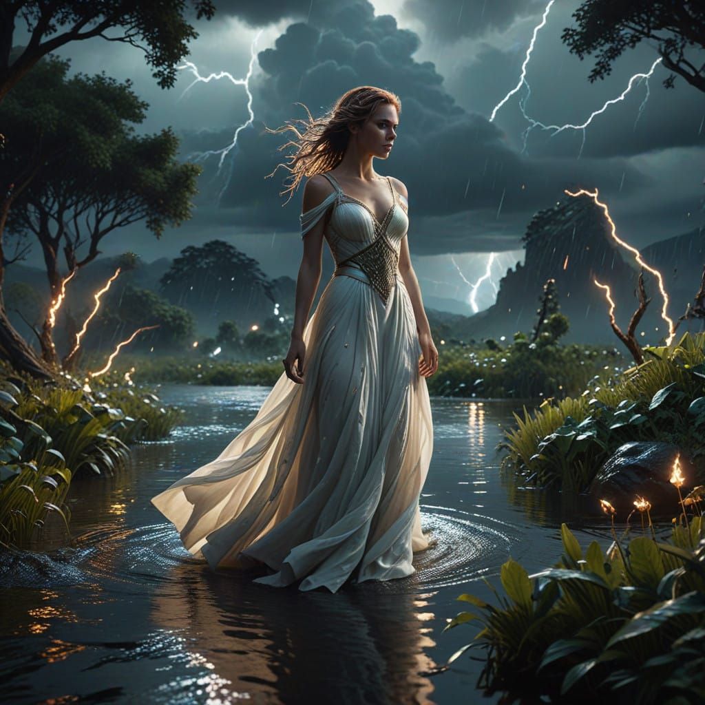 Serene Woman Amidst Ominous Stormy Landscape in Cinematic Vo...