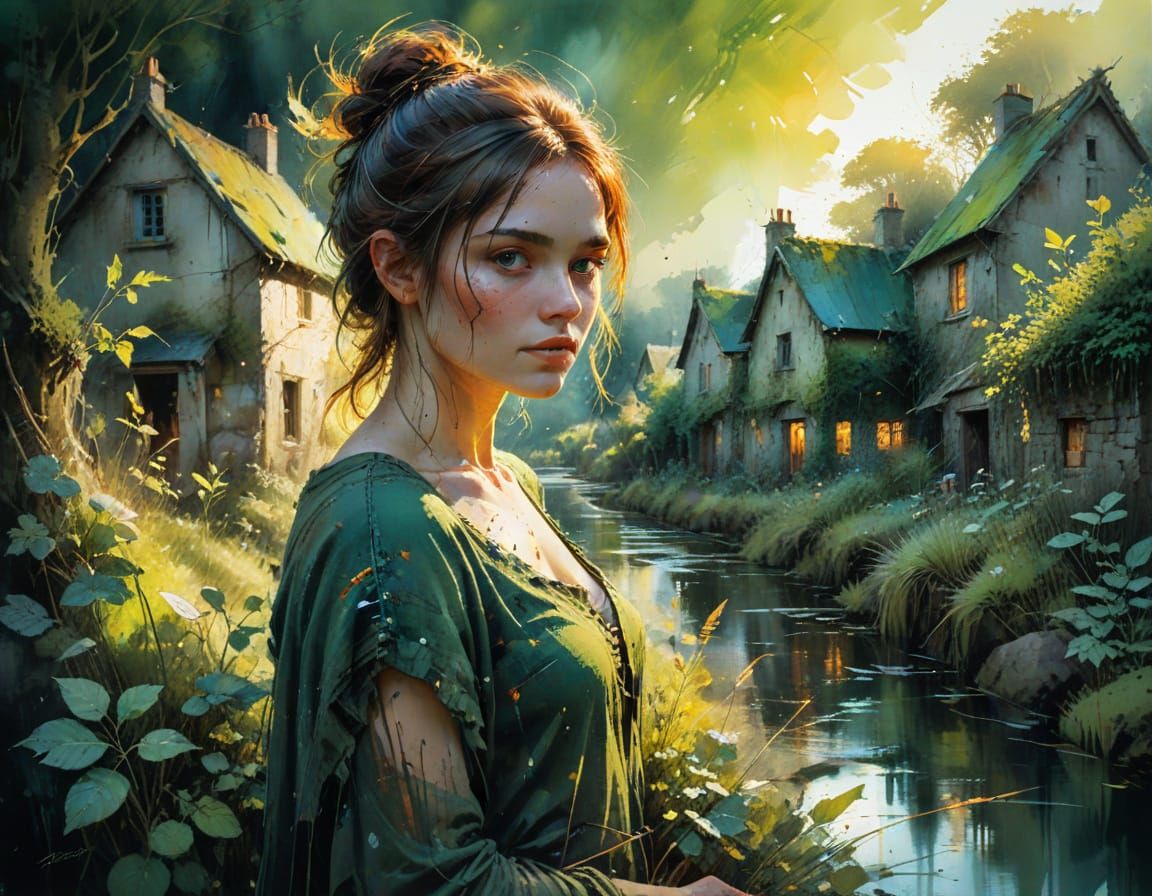 Ancient Irish Village in Watercolor Style