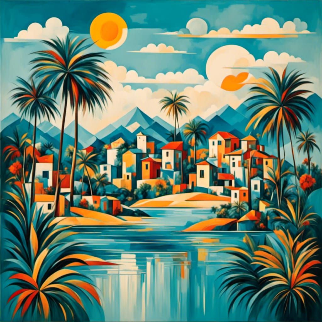 Abstract Geometric Tropical Village in Bauhaus Style