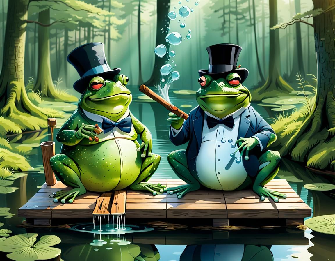 Cartoon Frogs Enjoying a Woodland Pond