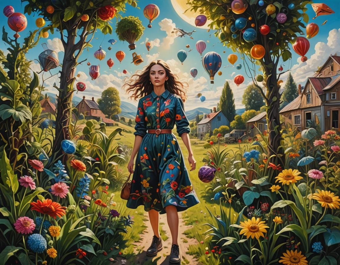 Surreal Girl in Field: Maximalist Oil Painting