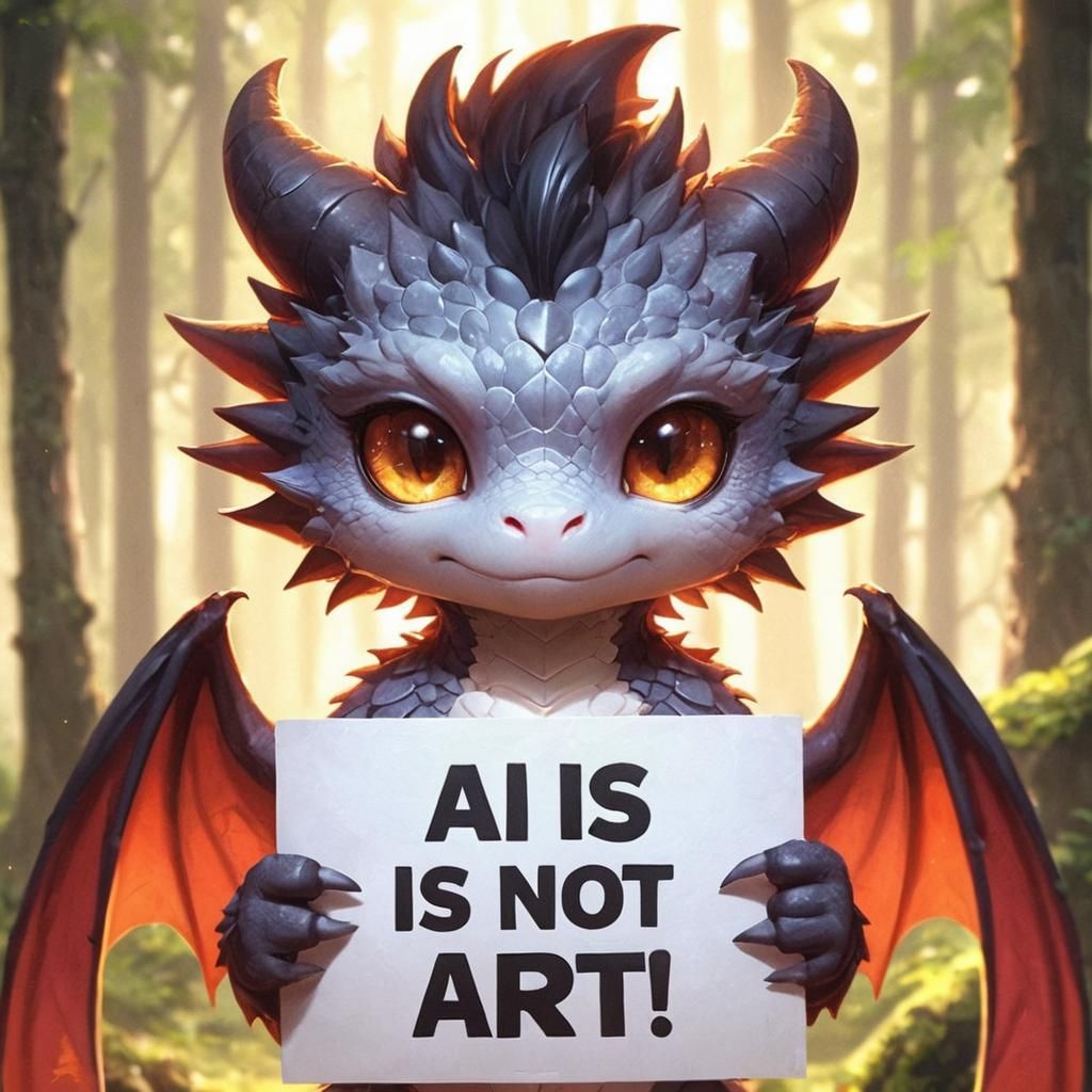 Dragon Holding Anti-AI Sign as Anime Art