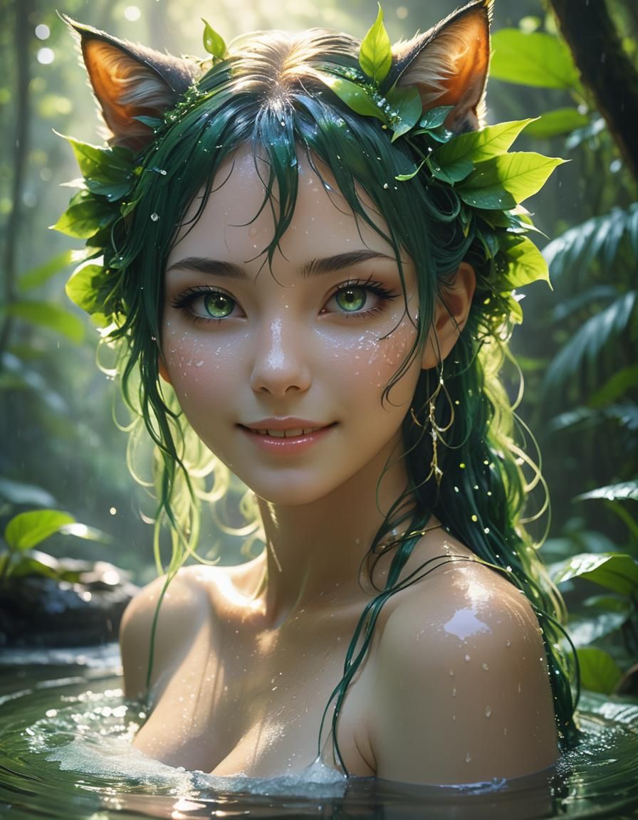 Beautiful Cat Girl Nymph in Lush Rainforest