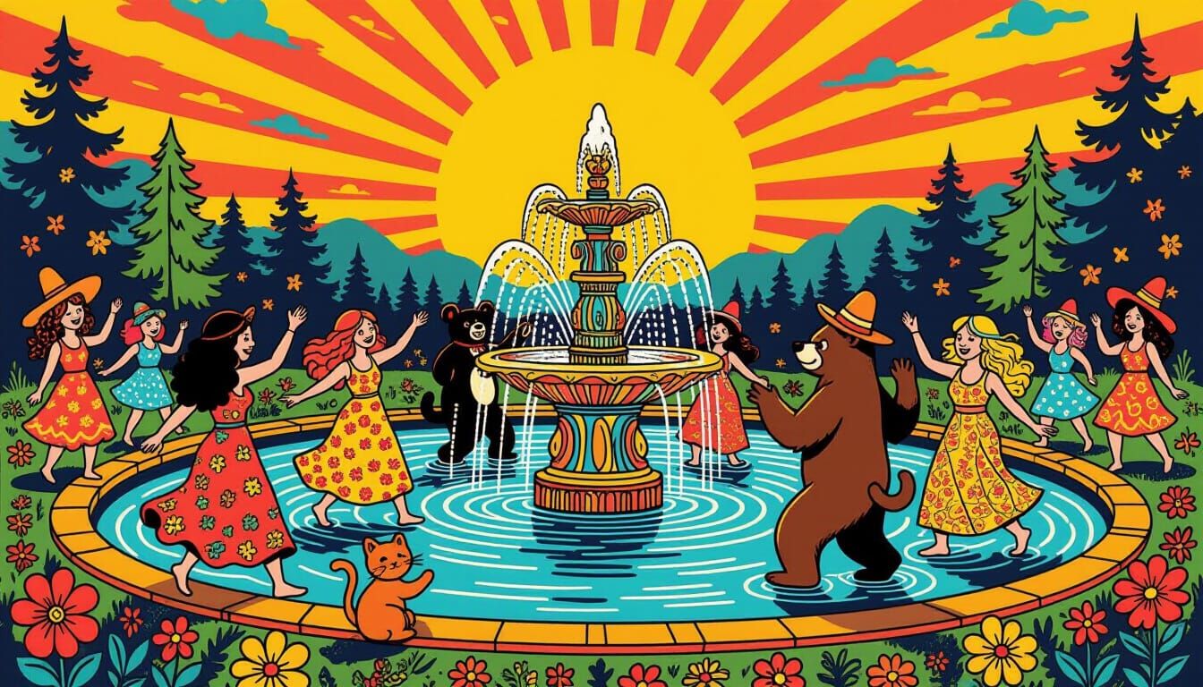 Psychedelic Fountain Scene with Dancing Figures