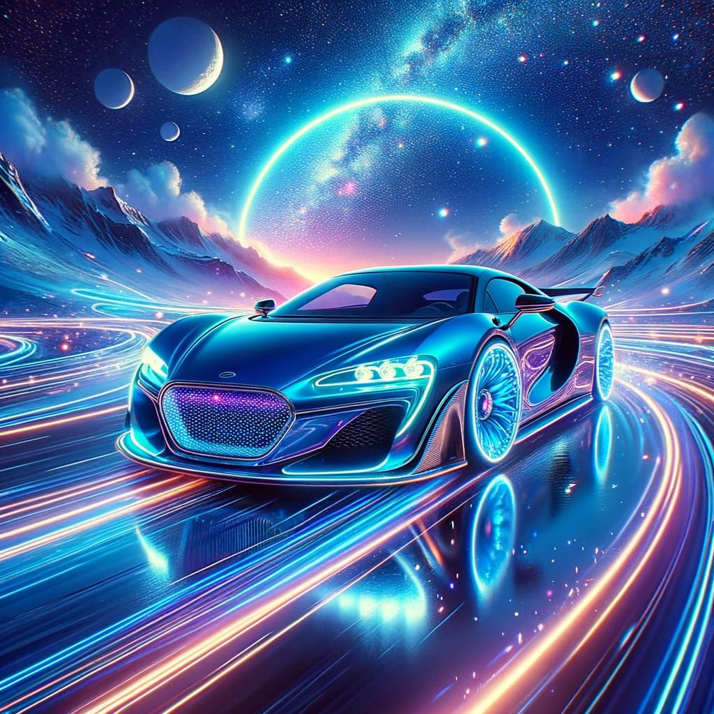 Electric Blue Sports Car on Cosmic Loop in Gouache Style