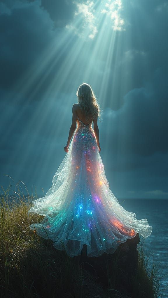 Ethereal Figure on Cliff Amidst Storm, Illuminated by Light