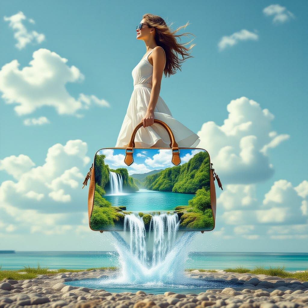 Woman Floating with Waterfall Handbag