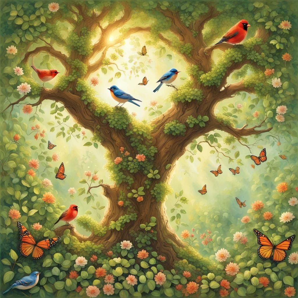 Nature's Decorated Tree with Flowers and Vines