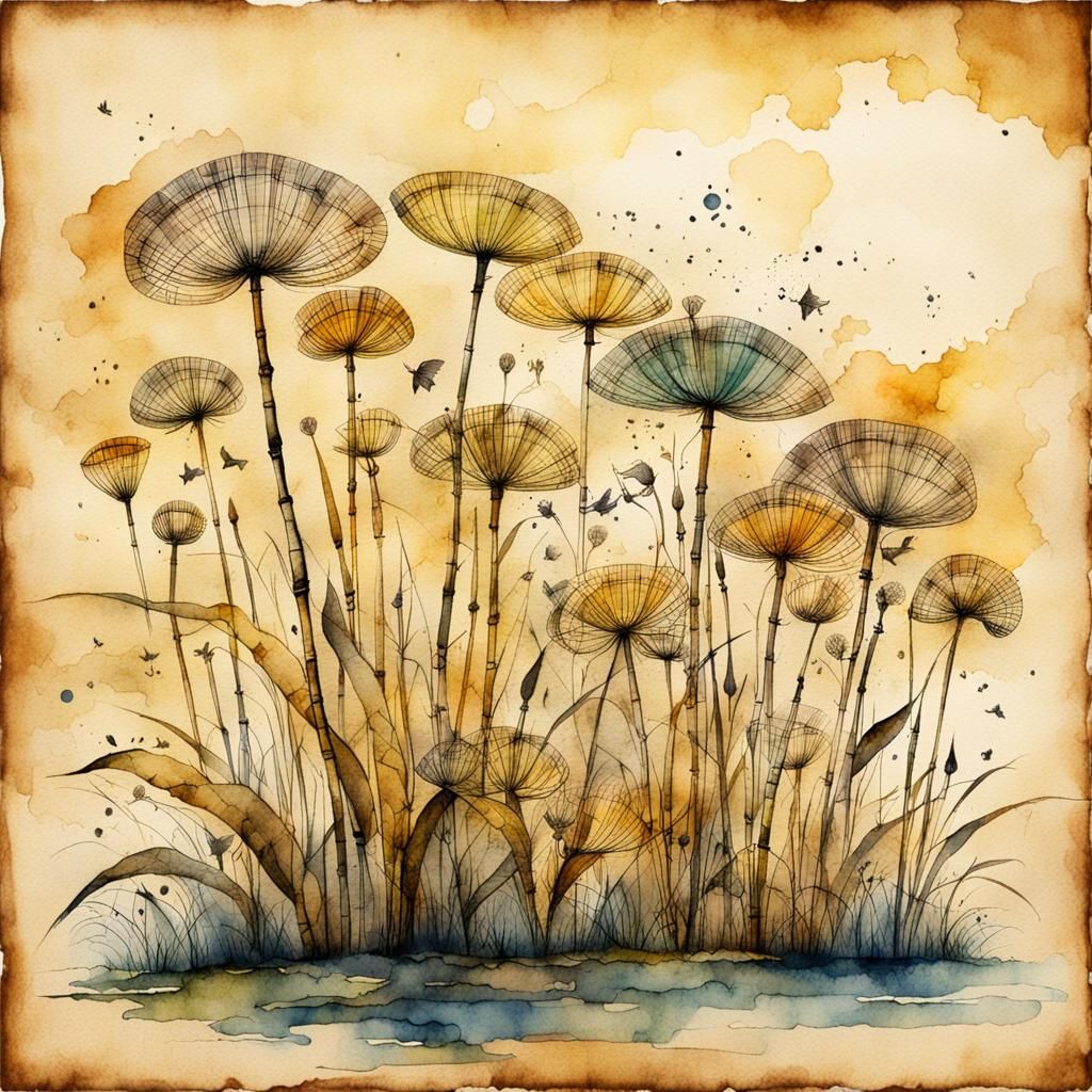 Mystical Illustration on Papyrus in Watercolor and Ink