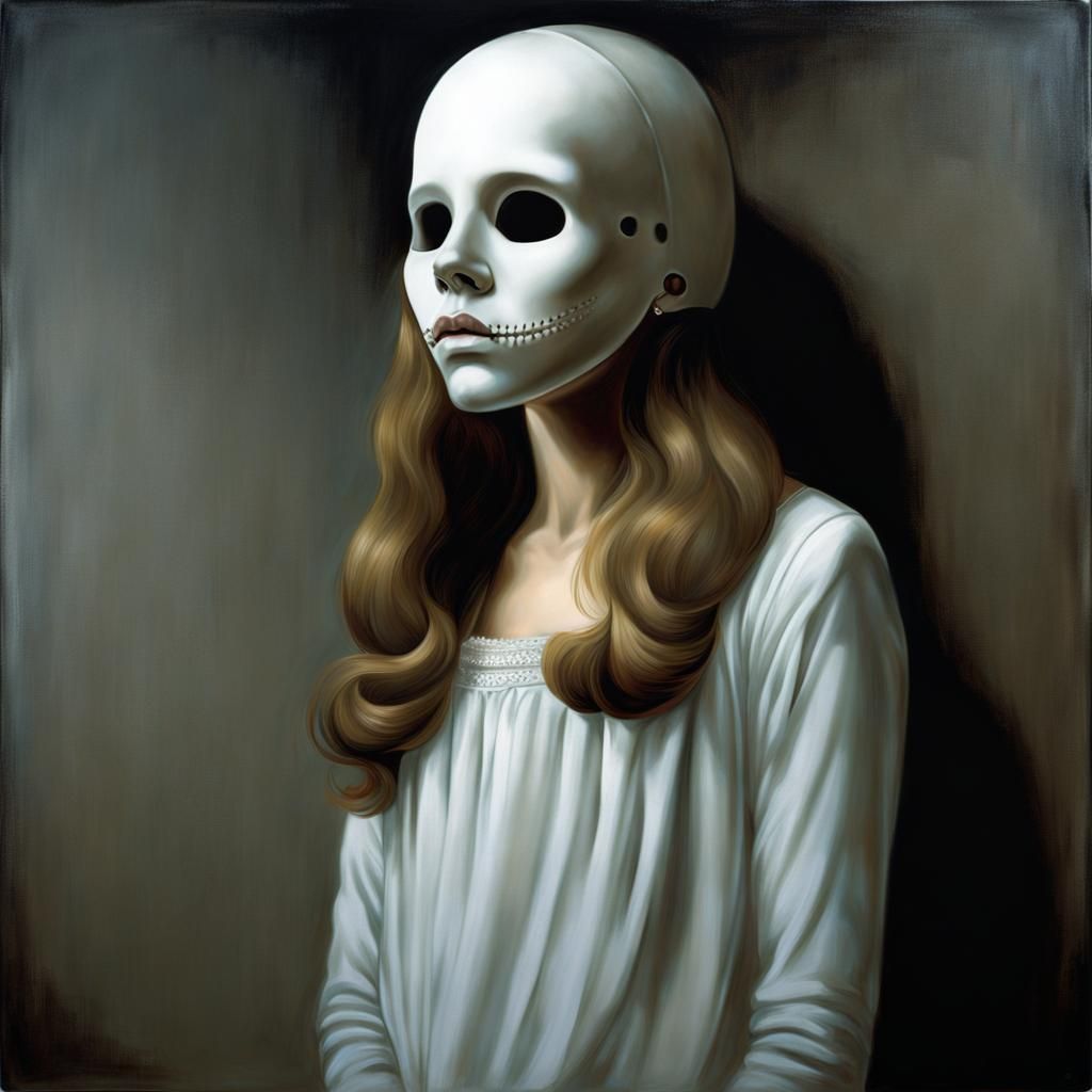 Girl with Death Mask: Hyperrealistic Monochrome Portrait