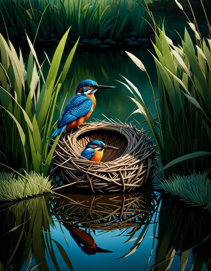 Kingfishers, ready to settle down for the night in their riverside nest
