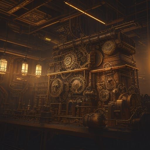 Steampunk Masterpiece: Intricate Engine in a Foggy Room