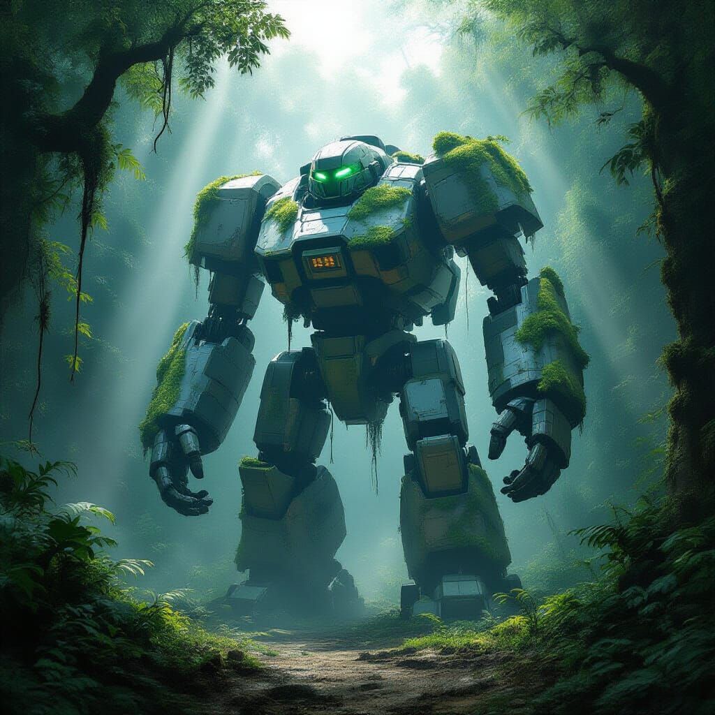 Colossal Ancient Robot in Misty Jungle Clearing