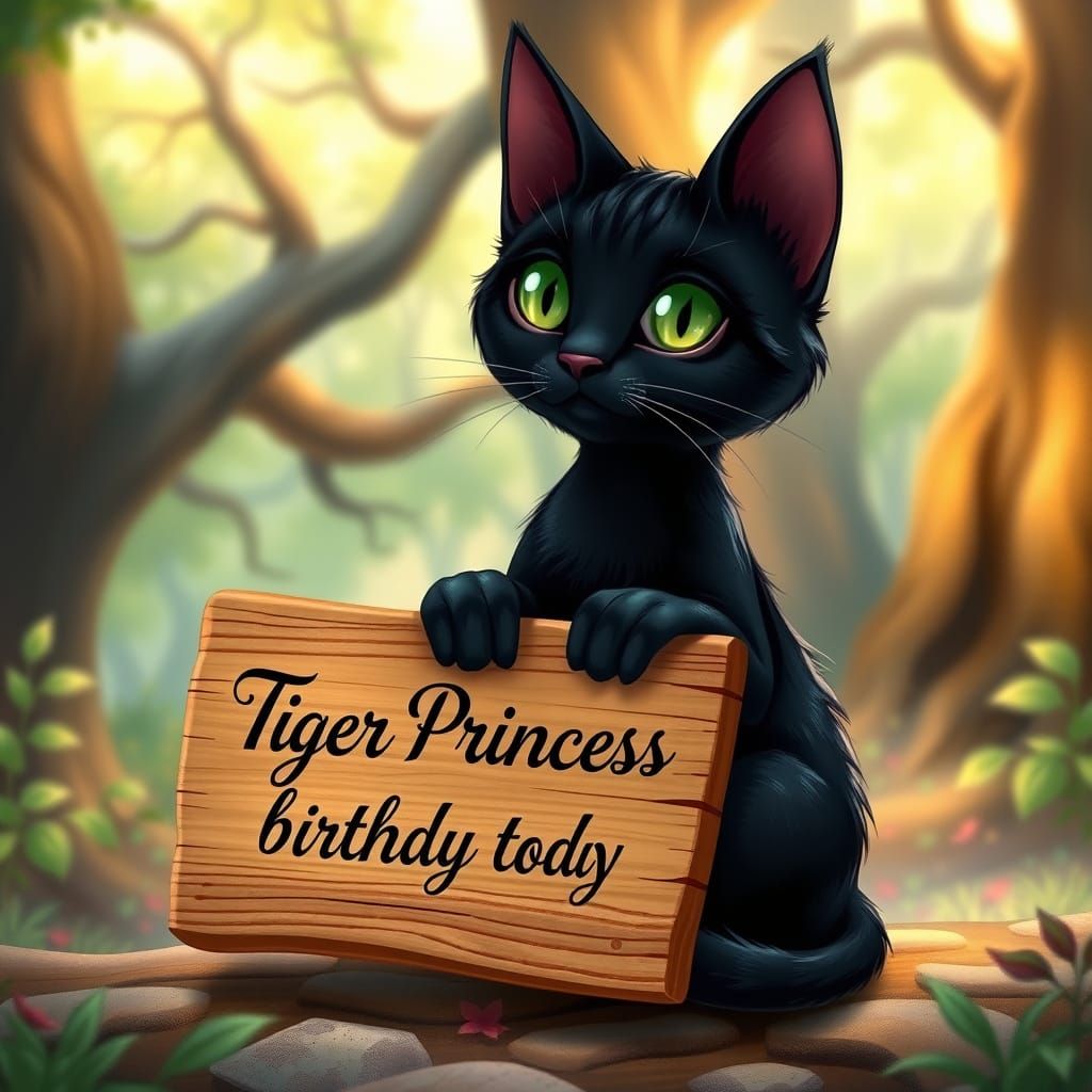Black Cat Holds Birthday Sign in Fairytale Forest