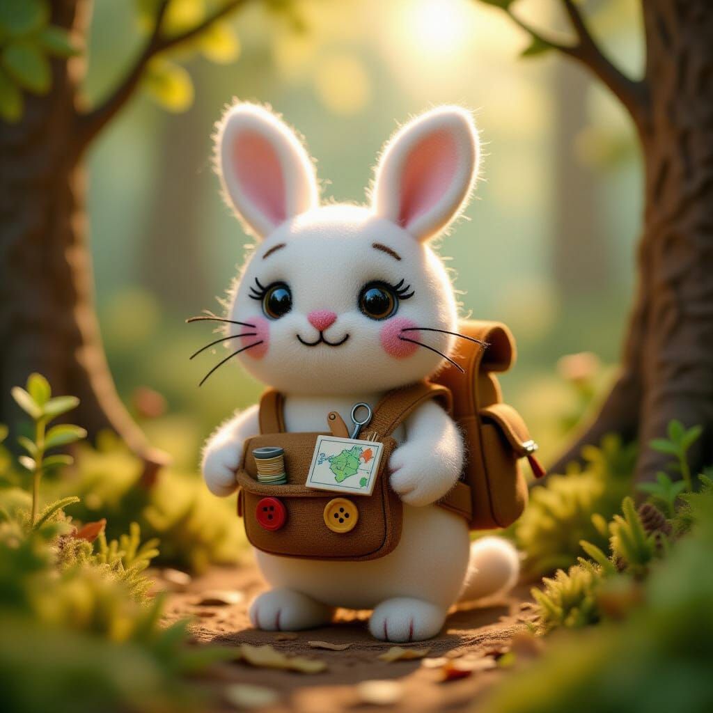 Handcrafted Felt Cat-Bunny in Storybook Forest