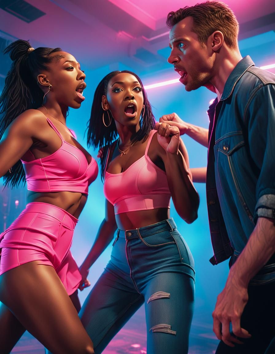 Neon-Lit 90s R'n'b Starlet Showdown in Vibrant Cityscape