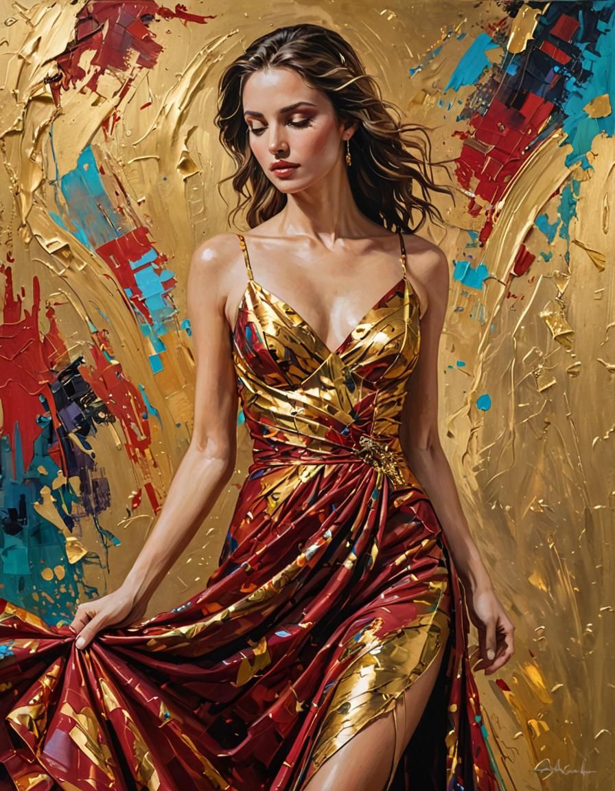 Elegant Woman in Flowing Dress: Oil Painting