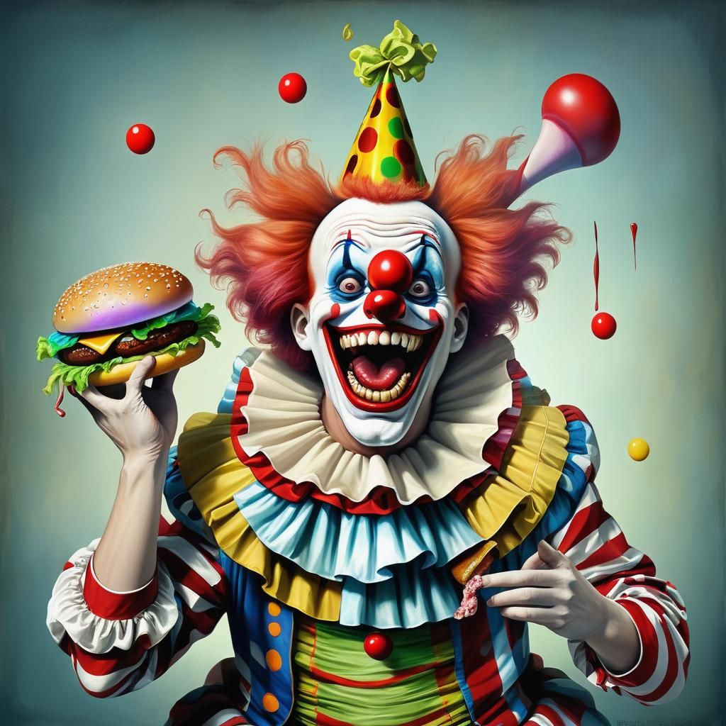 Surreal Clown Eats Screaming Hamburger in Massurealism Style