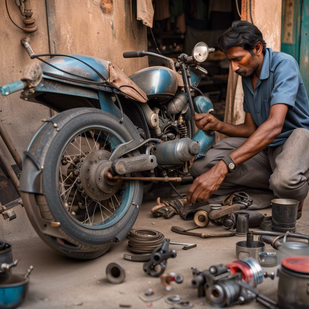 A bike mechanic in an Indian streetside workshop