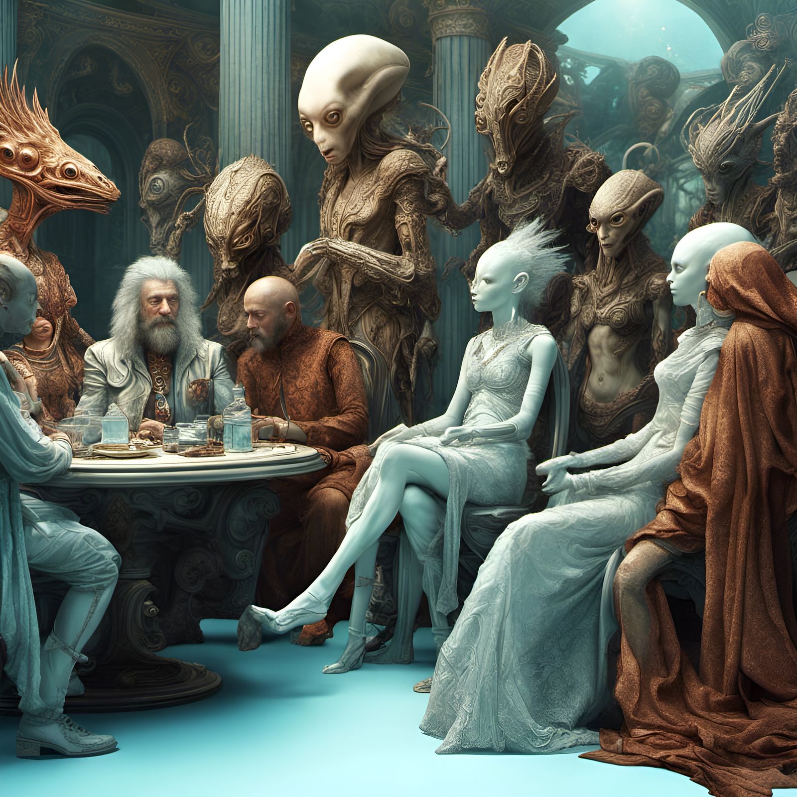 Dreamlike Alien Socializing in Hyperrealistic Style