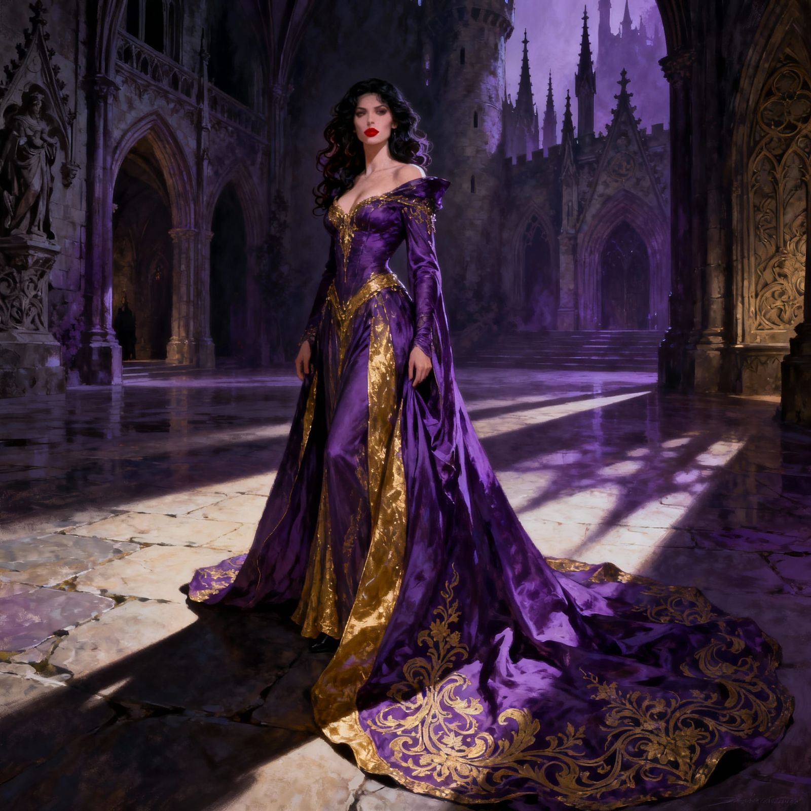 Femme Fatale in Gothic Castle Grand Hall