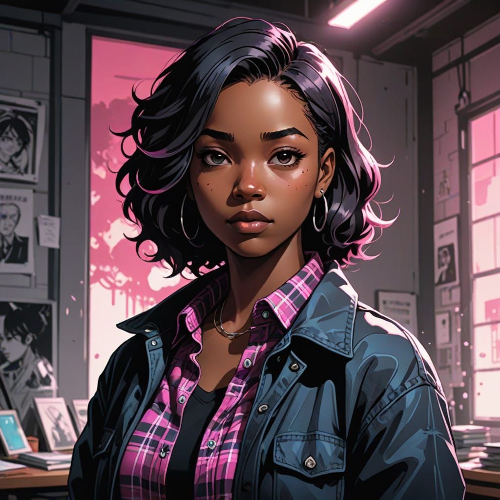 Confident College Girl in Vibrant Flannel Shirt, Anime-Inspi...