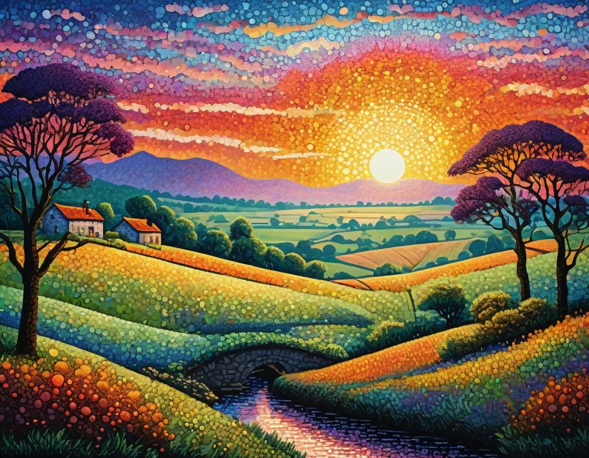 art in the pointillism style.
A landscape capturing a sunset...