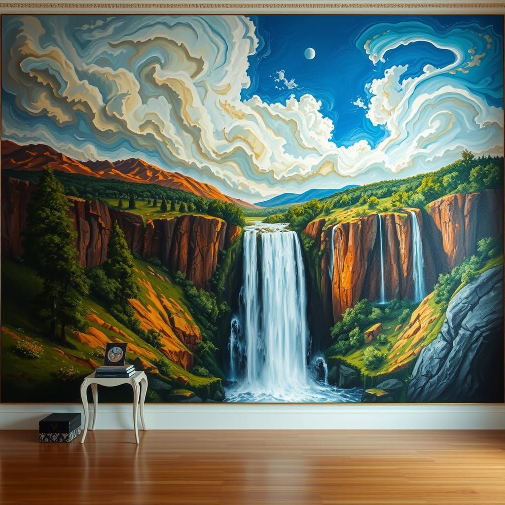 Surreal Waterfall Emerges from Oil Painting