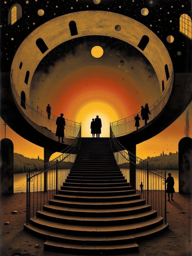 Golden Celestial Hellscape with Winding Staircase