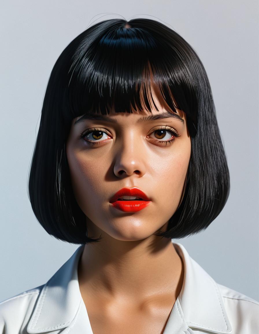 Jenna Ortega ultrarealistic face, as Mia Wallace from Pulp Fiction, Pulp Fiction poster, UHD, 8K