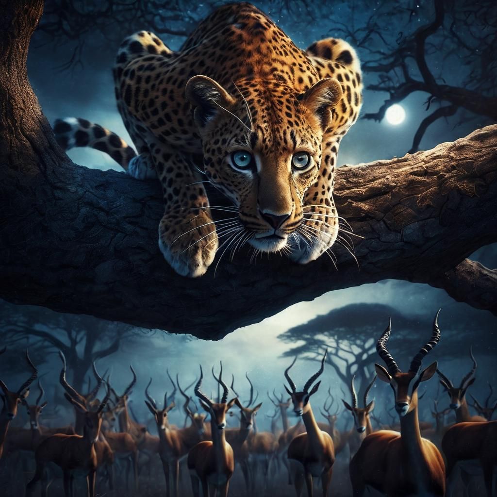 African Leopard Ready to Pounce at Night