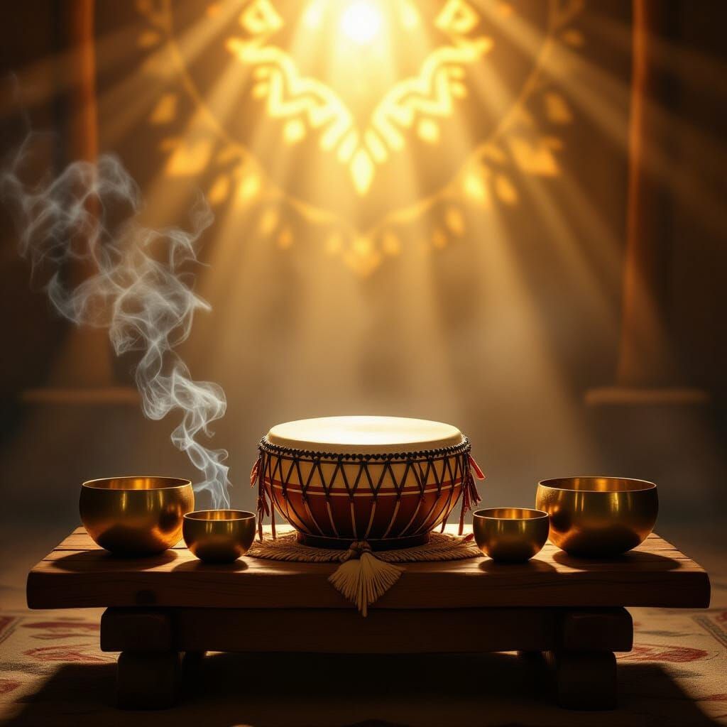 Mystical Altar with Native Drum and Singing Bowls