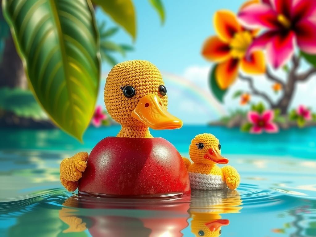 Vibrant Crochet Apple Blooms in Tropical Paradise