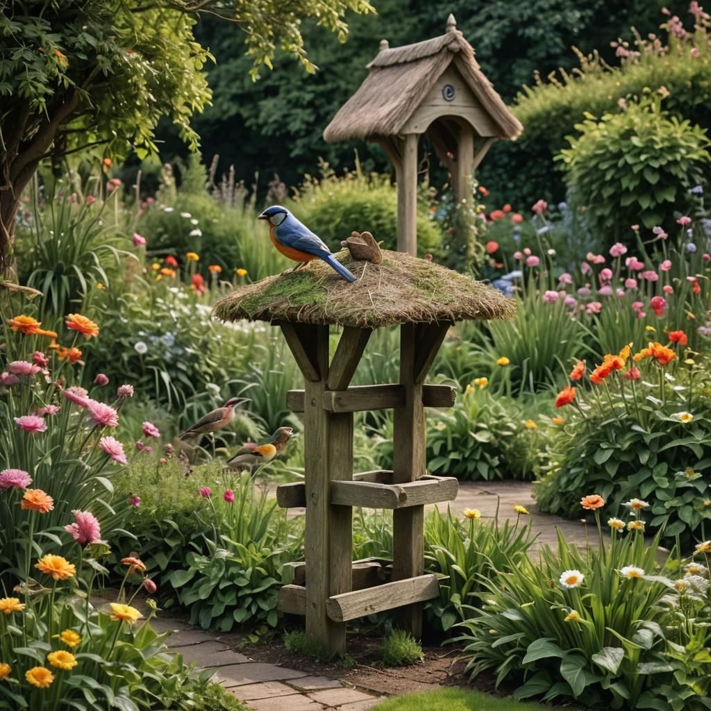 A thatched bird table in a pretty cottage garden intricate d...