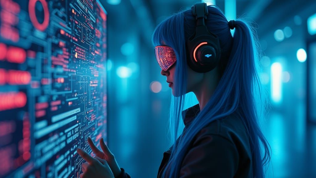 Cyberpunk Woman Hacking Computer Schematics in Datamosh Styl...