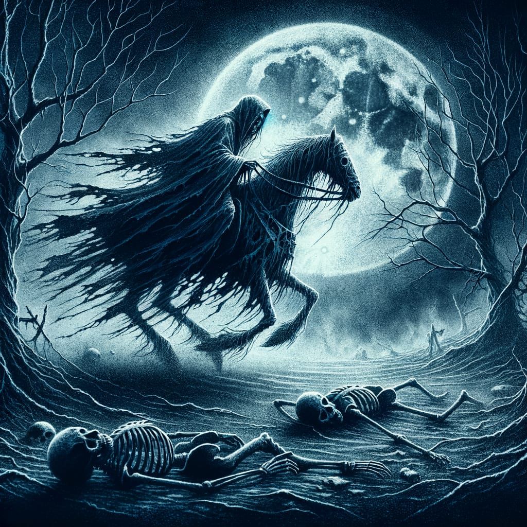Eerie Spectral Rider in Moonlit Nightmare Landscape