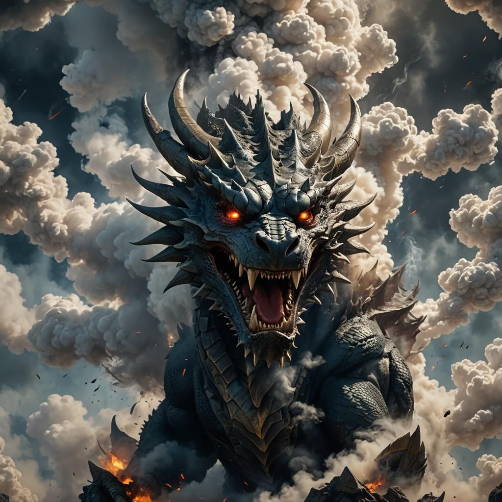 Dragon's Head Emerges from Smoke, Dark Fantasy Art