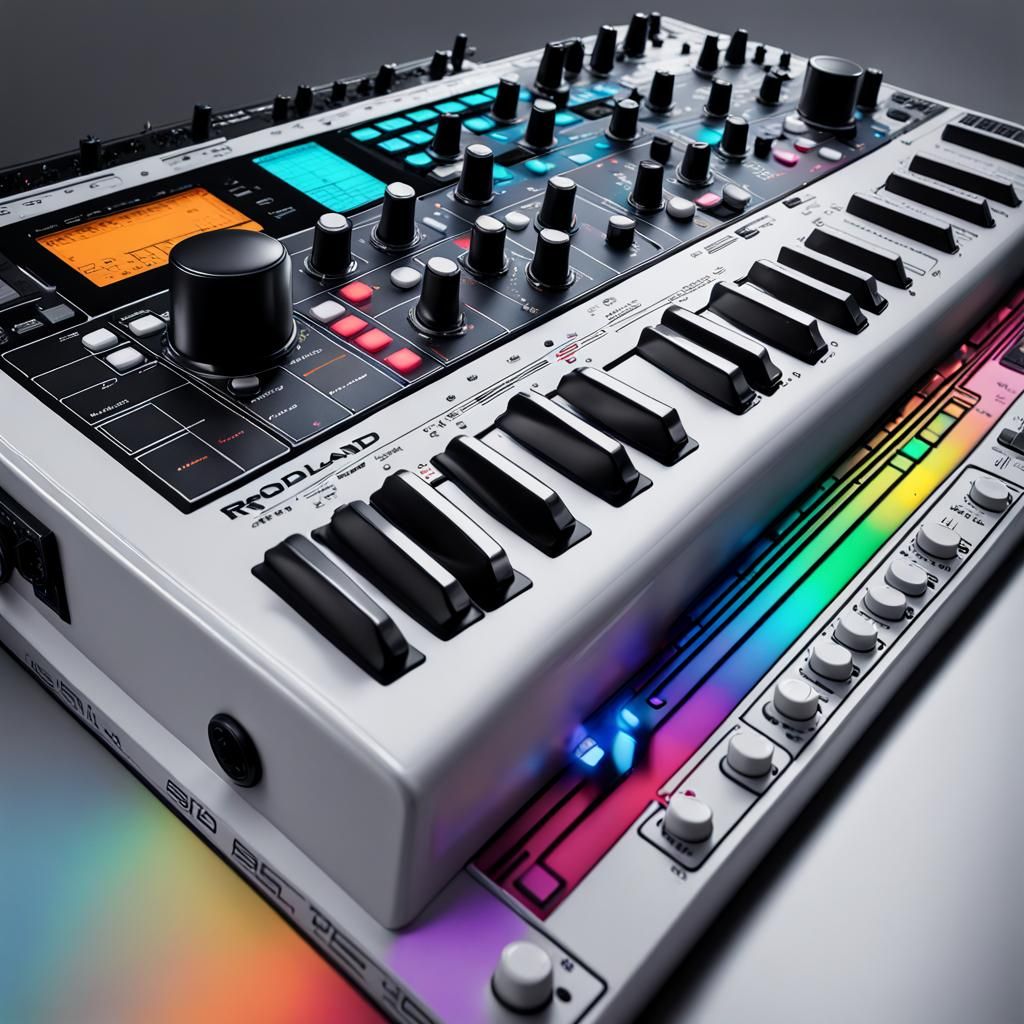 Hyperrealistic Roland TB-303 Bass Line Splash Art