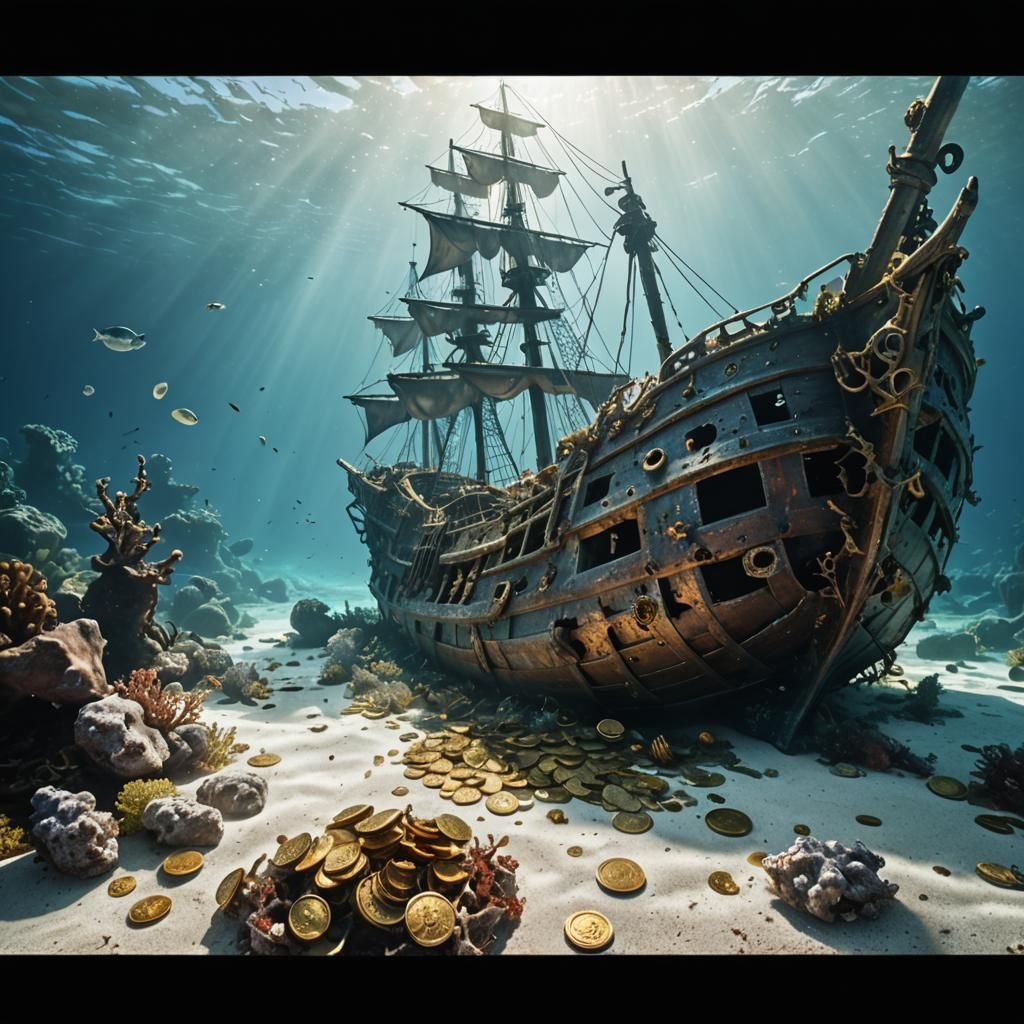 Sunken Pirate Galleon with Coral and Gold