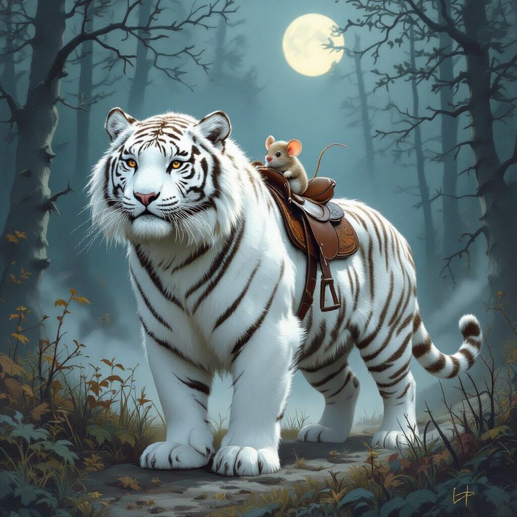 White Tiger with Mouse Rider in Misty Forest
