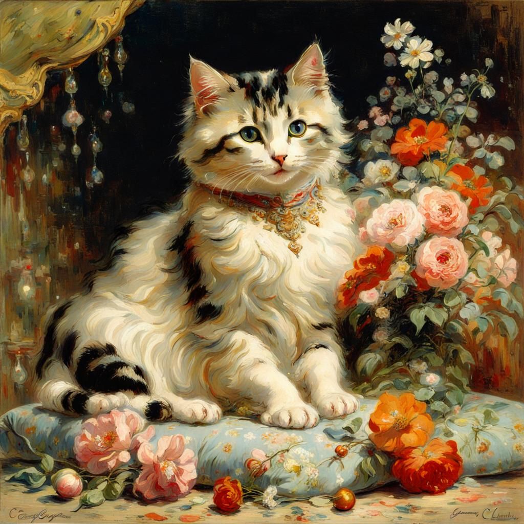 Cute Cat Surrounded by Flowers in Orientalist Style