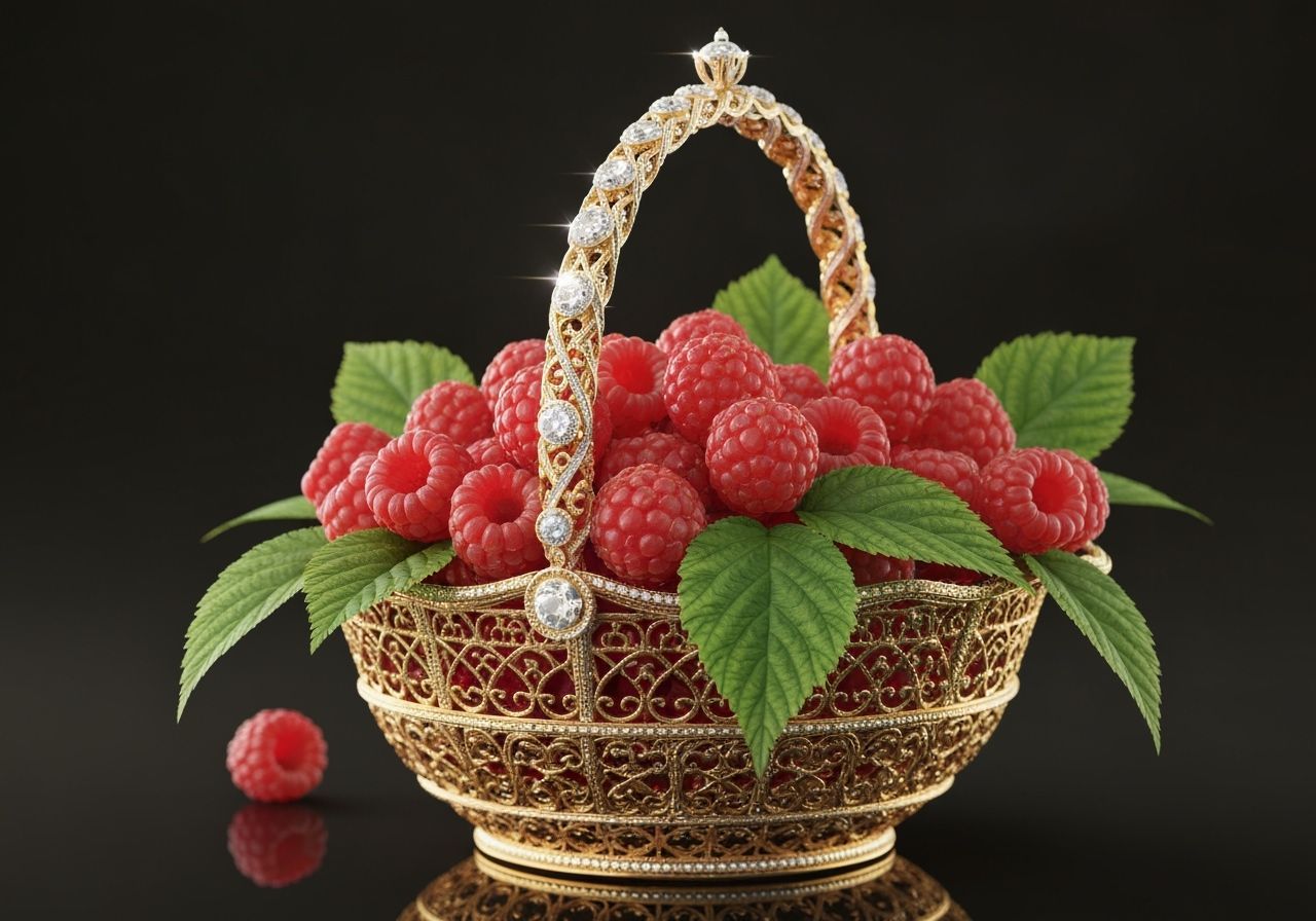 Golden Basket of Raspberries in Fabergé Style