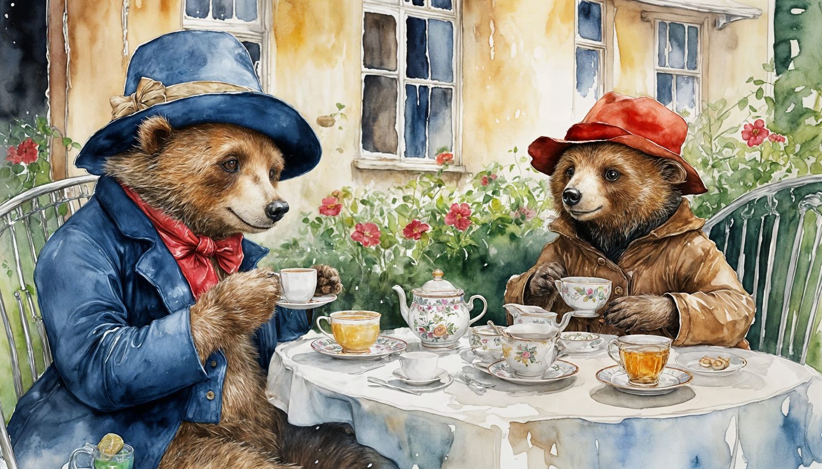 Paddington Bear Sips Tea in a Soothing Watercolor Style
